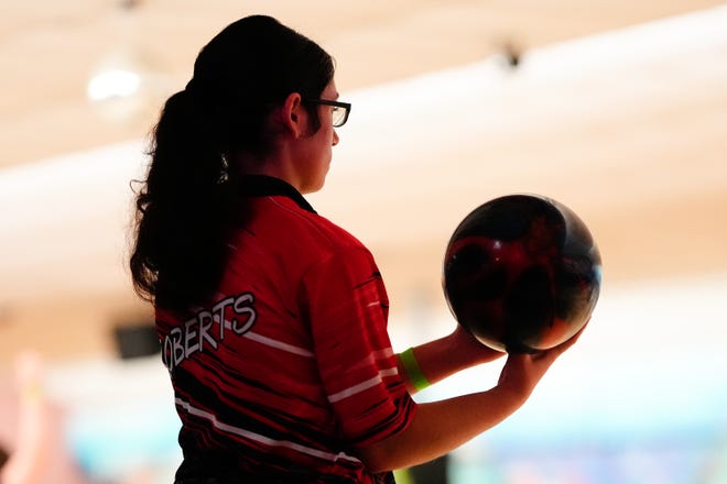 Port St. Lucie’s Nancy Roberts prepares to bowl during the  District 12 girls championship on Monday, Oct. 24, 2022, at Jensen Beach Bowl in Jensen Beach.