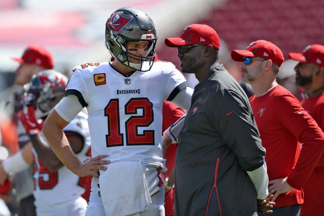 Tampa Bay Buccaneers quarterback Tom Brady and head coach Todd Bowles.