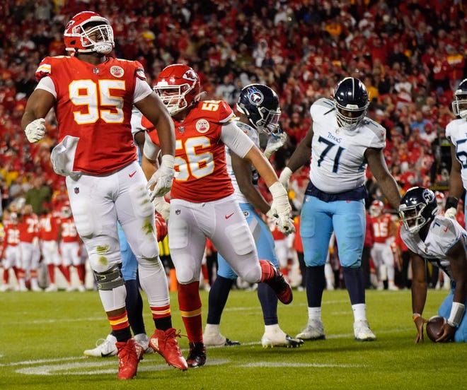 Kansas City Chiefs defensive tackle Chris Jones (95) and defensive end George Karlaftis (56) celebrate after sacking Tennessee Titans quarterback Malik Willis (7) in over time at GEHA Field at Arrowhead Stadium Sunday, Nov. 6, 2022, in Kansas City, Mo.