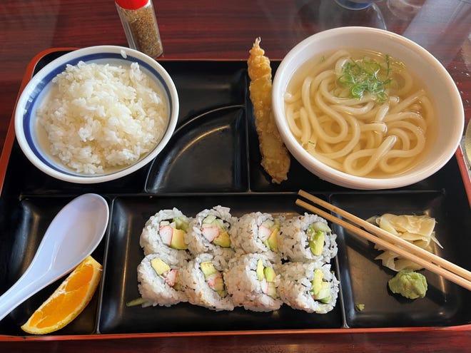 Bento box items are plentiful. You can choose two or three items. My choices were California Rolls, and Udon Noodle Soup with Shrimp Tempura.