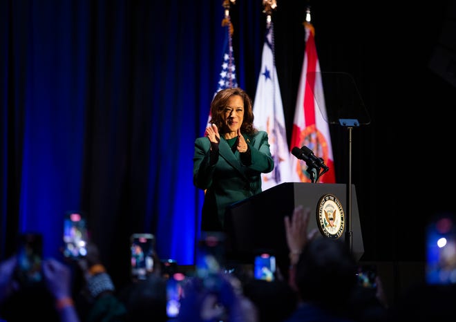 Vice President Kamala Harris speaks on the 50th anniversary of the Roe v. Wade decision at The Moon in Tallahassee, Fla. on Sunday, Jan. 22, 2023.
