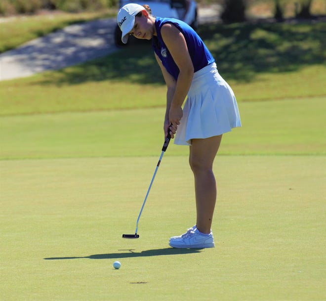 Sebastian River's Saphira Vath watches her par putt on the 14th hole during the girls golf District 8-3A Championship on Wednesday, October 26, 2022 on the Dunes Course at Sandridge Golf Club in Vero Beach. Vath shot an 86 to finish in sixth overall.