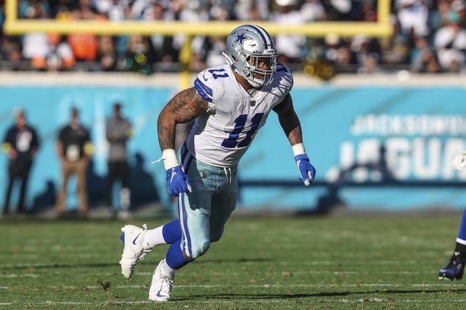 Dallas Cowboys linebacker Micah Parsons (11) in action during an NFL football game against the Jacksonville Jaguars, Sunday, Dec. 18, 2022, in Jacksonville, Fla. Jaguars defeated the Cowboys 40-34 in overtime. (AP Photo/Gary McCullough)
