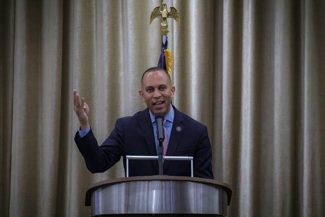 House Minority leader Hakeem Jeffries speaks at The Ben West Palm in downtown West Palm Beach, Fla., on February 20, 2023.