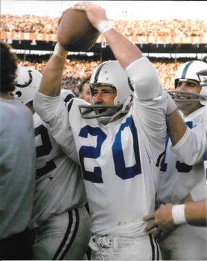 Jerry Don Logan celebrates an interception that helped seal the Super Bowl V victory for the Baltimore Colts against the Dallas Cowboys. Logan was a three-time Pro Bowl pick and led the nation in scoring as a senior at West Texas State in 1962. He will be inducted into the Big Country Athletic Hall of Fame as part of the 2020 class.
