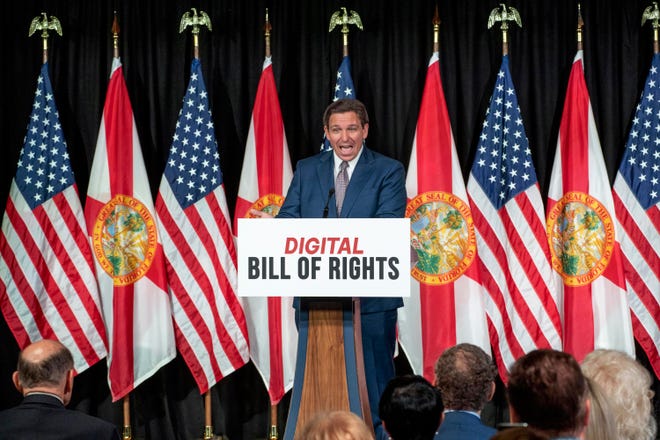 Florida Governor Ron DeSantis speaks about a proposal to create a digital bill of rights during a press conference at Palm Beach Atlantic University in West Palm Beach, Florida on February 15, 2023.