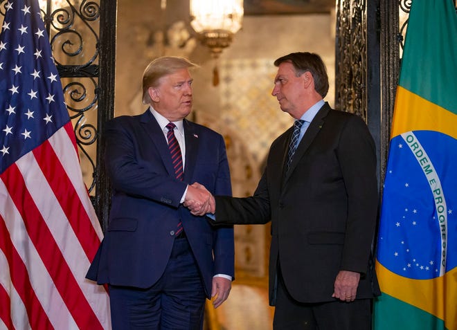 Then-President Donald Trump with Brazilian President Jair Bolsonaro at Mar-a-Lago in Palm Beach on March 7, 2020.