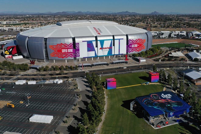An aerial view of State Farm Stadium on Jan. 28, 2023, in Glendale, Arizona. State Farm Stadium will host the NFL Super Bowl LVII on February 12.
