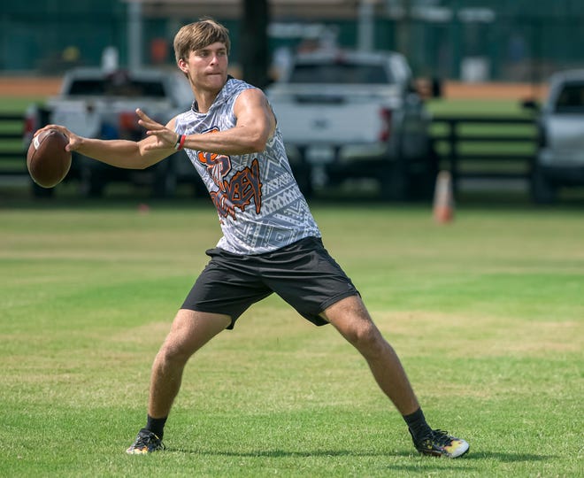 Seminole High School Seminoles’ Luke Rucker throws a pass at the Florida High School 7v7 Association state championship in The Villages on Friday, June 24, 2022. [PAUL RYAN / CORRESPONDENT]