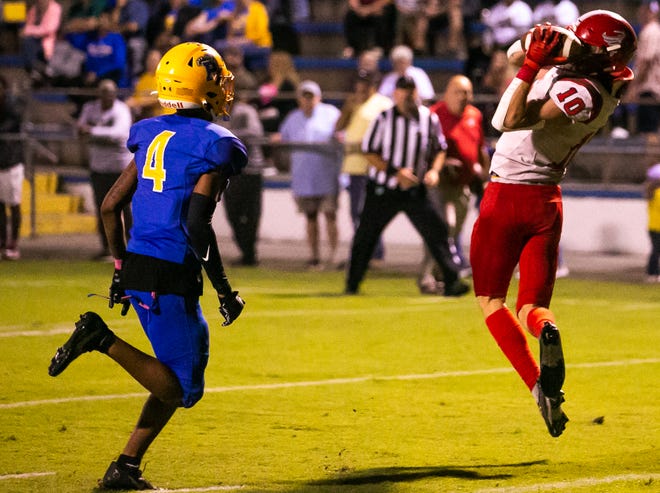 Bradford Tornadoes Chason Clark (10) hauls in a pass for the second touchdown of the night for the Tornadoes in the first half. Palatka High School hosted Bradford High School at Veterans Memorial Stadium in Palatka on Friday, October 28, 2022.