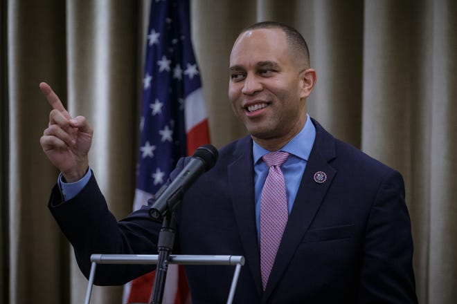 House Minority leader Hakeem Jeffries speaks at The Ben West Palm in downtown West Palm Beach, Fla., on February 20, 2023.