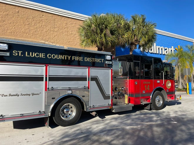 A St. Lucie County firetruck parks outside Walmart in St. Lucie West after a gas leak was reported Tuesday, February 14, 2023.