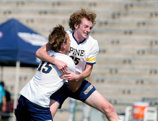 The Pine School Christian Kerr (35) celebrates after scoring a goal during Class 2A Boys Soccer Championship soccer match with The Canterbury School at Spec Martin Stadium in DeLand, Thursday, Feb. 23, 2023