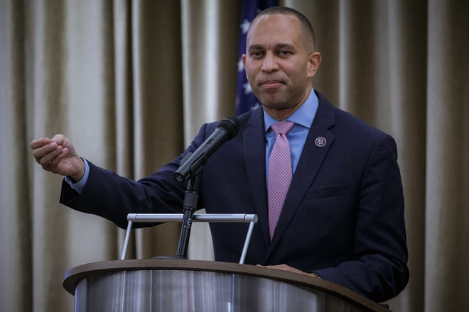 House Minority leader Hakeem Jeffries speaks at The Ben West Palm in downtown West Palm Beach, Fla., on February 20, 2023.