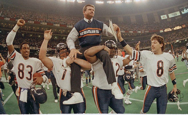 Mike Ditka is carried off the field after the Chicago Bears defeated the New England Patriots in Super Bowl XX.