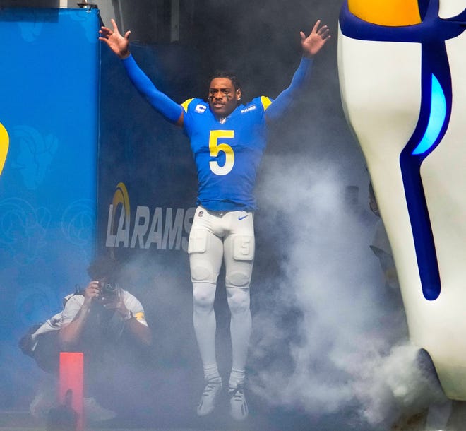 Oct 24, 2021; Inglewood, California, USA; Los Angeles Rams cornerback Jalen Ramsey (5) during player introduction before playing the Detroit Lions at SoFi Stadium, Oct. 24, 2021.