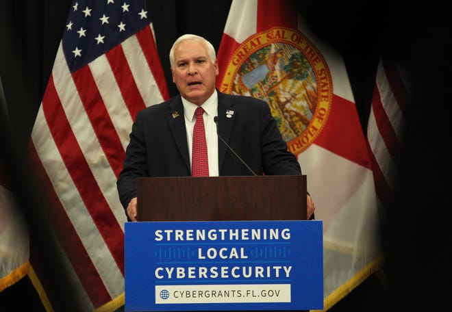 Indian River State College President Timothy Moore speaks at the college during a press conference announcing the launch of Florida’s local government cybersecurity grant program on Friday, March 10, 2023, in Indian River County.