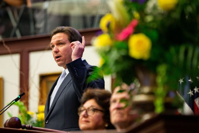 Gov. Ron DeSantis gives his State of the State Address during the Joint Session in the House of Representatives on the opening day of the 2023 Legislative Session, Tuesday, March 7, 2023.