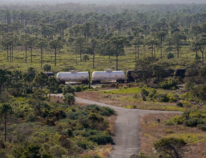 A Florida East Coast Railway train, with tanker cars, travels north through Jonathan Dickinson State Park on Friday, March 24, 2023, in Martin County. Florida East Coast Railway trains carry chemicals considered to be hazardous, although it's unclear what chemicals specifically. Beyond two examples given on the railroad's website—salt and plastic pellets—Florida East Coast Railway doesn't specify what chemicals it transports. It does, however, list "hazardous material" and "petroleum products" among the material it ships. It's extremely rare for trains to spill toxic chemicals along Florida's east coast, according to Federal Railroad Administration data. But it has happened.