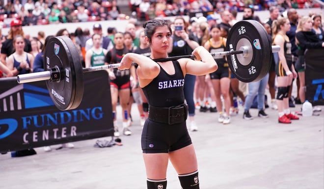 Sebastian River's Vanessa Hernandez competes in the clean-and-jerk event as part of the Olympic lifts portion of the FHSAA Girls Weightlifting Championships that took place on Saturday, Feb. 18, 2023 at the RP Funding Center in Lakeland.