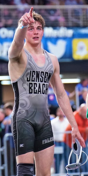 Jensen Beach senior Dylan Fox won the 1A state title at 152 pounds, pinning Mater Lakes' Kalias Nazario in the third period at the FHSAA Championships held at Silver Spurs Arena on Saturday, Mar. 4, 2023 in Kissimmee.