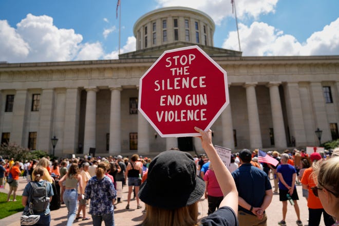 Hundreds gathered outside the Ohio Statehouse in Columbus on June 11, 2022 to protest recent mass shootings and encourage lawmakers to pass gun control legislation.
