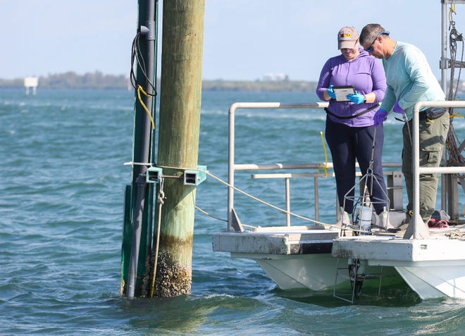 Scott Hurley, a water quality technician with Florida Atlantic University's Harbor Branch Oceanographic Institute at Fort Pierce and Kristen Davis, a manager for the Indian River Lagoon Observatory Network of Environmental Sensors, deploy a sensor in the lagoon near a U.S. Coast Guard navigation day beacon (unlighted nautical sea mark) on Monday, March 13, 2023, in Indian River County. IRLON, a estuarine observation and prediction network, provides real-time water quality and weather data through 13 of their stations throughout the lagoon on the Treasure Coast. For real-time data visit www.irlon.org
