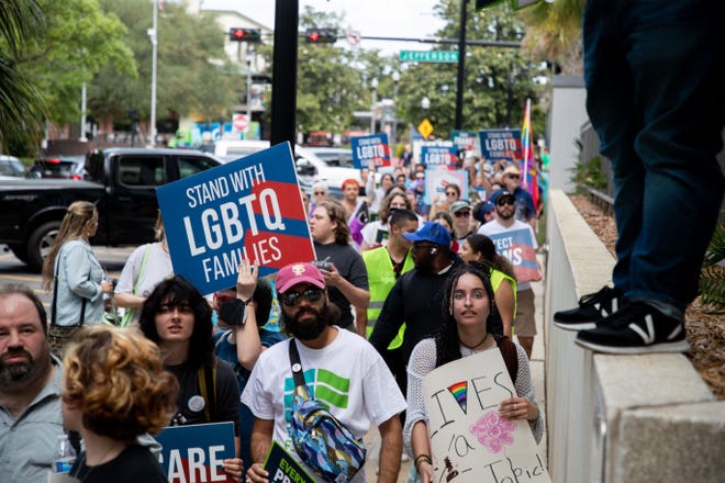 An estimated 200 people marched from Westcott Fountain to the Florida Capitol to protest HB 1069, which is an expansion on the “Don’t Say Gay” bill from last session. The group of activists made their way to the fourth floor rotunda where they proceeded to chant and share their stories Friday, March 31, 2023.