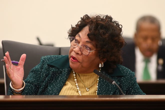 Sen. Geraldine Thompson, D-Orlando, asks a question during the Committee on Banking and Insurance meeting Monday, Dec. 12, 2022, at the Capitol in Tallahassee, Fla. Florida lawmakers are meeting to consider ways to shore up the state's struggling home insurance market in the year's second special session devoted to the topic. (AP Photo/Phil Sears)