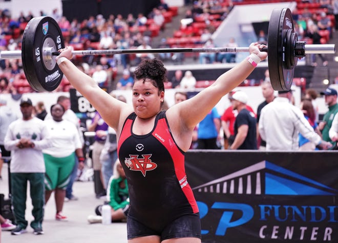 Vero Beach's Arianna Keyes competes in the snatch event as part of the Olympic lifts portion of the FHSAA Girls Weightlifting Championships that took place on Saturday, Feb. 18, 2023 at the RP Funding Center in Lakeland.