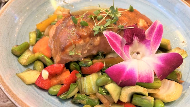 The Miso Salmon was cooked to order and placed atop stir-fried vegetables with a guava ponzu and pineapple miso glaze.