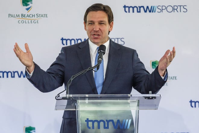 Gov. Ron DeSantis (R-FL) speaks at a groundbreaking ceremony at Palm Beach State College in Palm Beach Gardens, Fla., on February 20, 2023. It will be the future site of TGL, a new golf league played in a stadium and launched in partnership with the PGA.