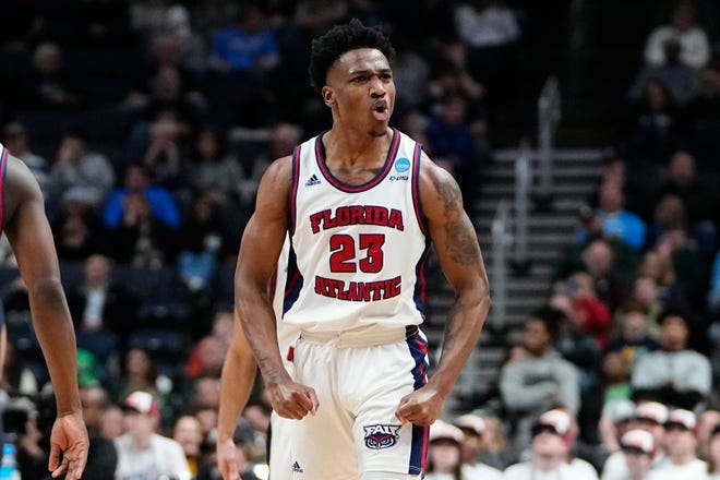 FAU guard Brandon Weatherspoon celebrates a three-pointer during the second round of the NCAA Tournament on March 19, 2023, against Fairleigh Dickinson.