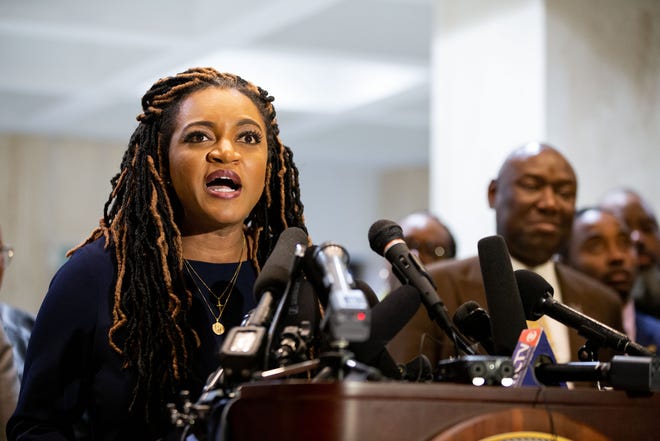 Democratic House Leader Fentrice Driskell speaks during the "Stop the Black Attack" rally in the Florida Capitol on Wednesday, Jan. 25, 2023. Attorney Ben Crump threatened to file a lawsuit against Gov. Ron DeSantis and his administration and the ban of a proposed Advanced Placement course on African America Studies in Florida High schools on behalf of three Leon County school students.