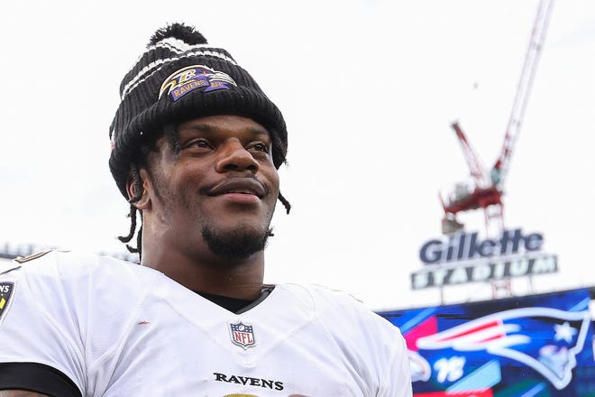 Lamar Jackson #8 of the Baltimore Ravens reacts after the game against the New England Patriots at Gillette Stadium on September 25, 2022 in Foxborough, Massachusetts.