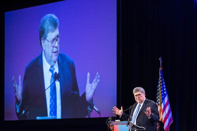 Former U.S. Attorney William Barr speaks to an audience at a Forum Club of the Palm Beaches event at the Kravis Center for the Performing Arts on Tuesday, March 28, 2023, in downtown West Palm Beach, FL. During his remarks former U.S. Attorney General Barr spoke about his career, time in office during the Trump administration, and also took questions from members of the audience.