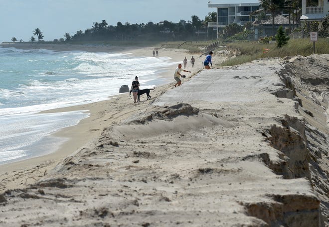 Beachcombers climb up the new dune line to see the progression of work being done at Bathtub Reef Beach, on Thursday, March 9, 2023, in Stuart. Workers from Shoreline Foundation Inc. prepares to build a seawall behind the dune to help prevent water and sand from flooding MacArthur Boulevard, along with beach erosion.