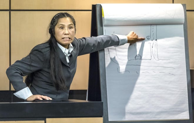 Jing Lu points out on a map she drew where she went at Mar-a-Lago as she testifies in her own defense during her trial on February 11, 2020.