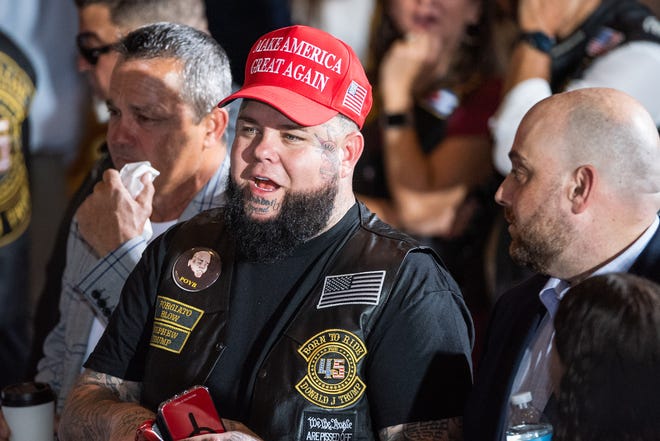 Rapper Forgiato Blow waits inside the Mar-A-Lago main ballroom before the start of a press event at Mar-A-Lago on Tuesday, April 4, 2023, in Palm Beach FL. Former President Donald Trump returned to Mar-A-Lago Tuesday evening after facing arraignment in New York earlier in the day.