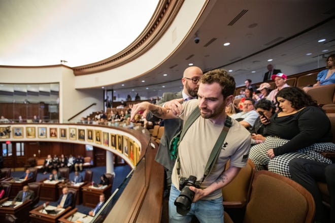 Activists who spoke out in opposition during Senate debate on SB 300 were escorted out of the gallery on Monday, April 3, 2023.