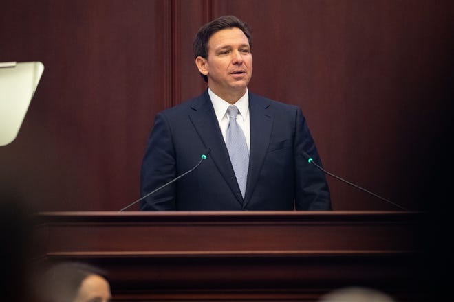 Gov. Ron DeSantis gives his State of the State Address during the Joint Session in the House of Representatives on the opening day of the 2023 Legislative Session, Tuesday, March 7, 2023.