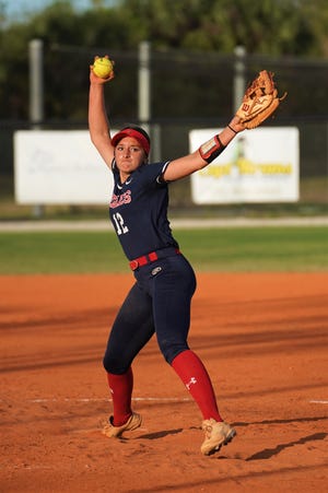 Centennial sophomore Hailey Brereton fires in a pitch during a high school softball game against Sebastian River on Friday, March 31, 2023 in Sebastian. Brereton struck out 16 batters in a 2-1 Eagle victory.