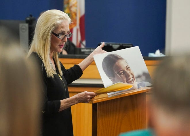 Sharon Evinrude, sister of Frances Julia Slater, gives a victim impact statement during a resentencing hearing for J.B. "Pig" Parker on Friday, March, 31, 2023, at the Martin County Courthouse in Stuart. Parker is one of four men convicted of the April 2, 1982, murder of Slater, who was kidnapped shortly before midnight while working at a convenience store on U.S. 1 in north Stuart. Slater, of Jensen Beach, was later shot and stabbed off Kanner Highway west of Stuart. Circuit Judge William Roby sentenced Parker to life in prison with the possibility of parole after 25 years. Parker was sentenced to death in 1983 after an 8-4 jury vote. In a second sentencing phase in 2000, a different jury favored execution 11-1.