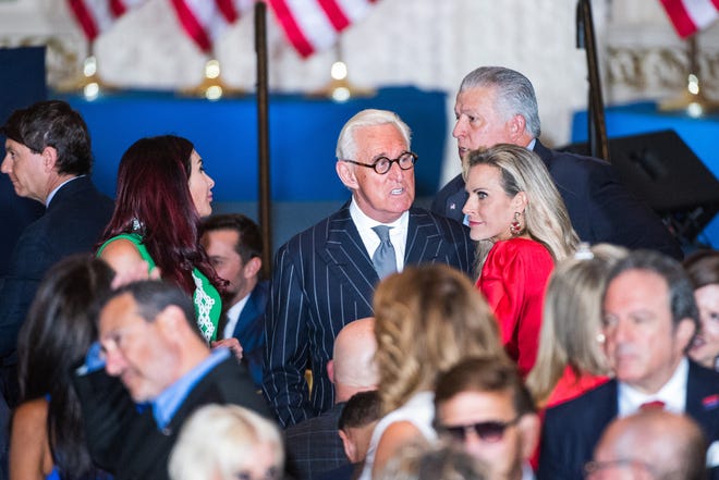 Political consultant Roger Stone before the start of a press event at Mar-A-Lago on Tuesday, April 4, 2023, in Palm Beach FL. Former President Trump returned to Mar-A-Lago Tuesday evening after facing arraignment in New York earlier in the day.