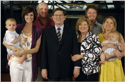 The Weber family. From left, Jackson Thomas Weber, Chaanda Weber, Tom A. Weber, Tom E. Weber, Judith Weber, Matt Massey, Jill Massey and William Weber Massey.
Retired Stuart News publisher Thomas E. Weber, Jr. addressed the crowd of Scripps Treasure Coast Newspaper employees and community members who gathered at the Stuart News building May 31, 2009 in Stuart to celebrate his career with the paper.