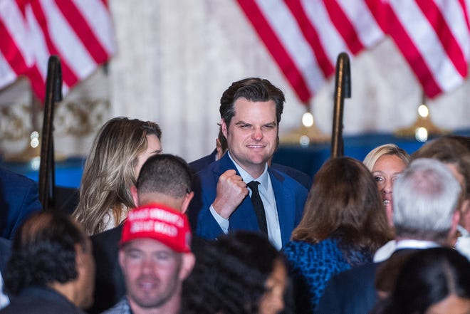 Republican Congressman Matt Gaetz during a press event at Mar-A-Lago on Tuesday, April 4, 2023, in Palm Beach FL. Former President Trump returned to Mar-A-Lago Tuesday evening after facing arraignment in New York earlier in the day.